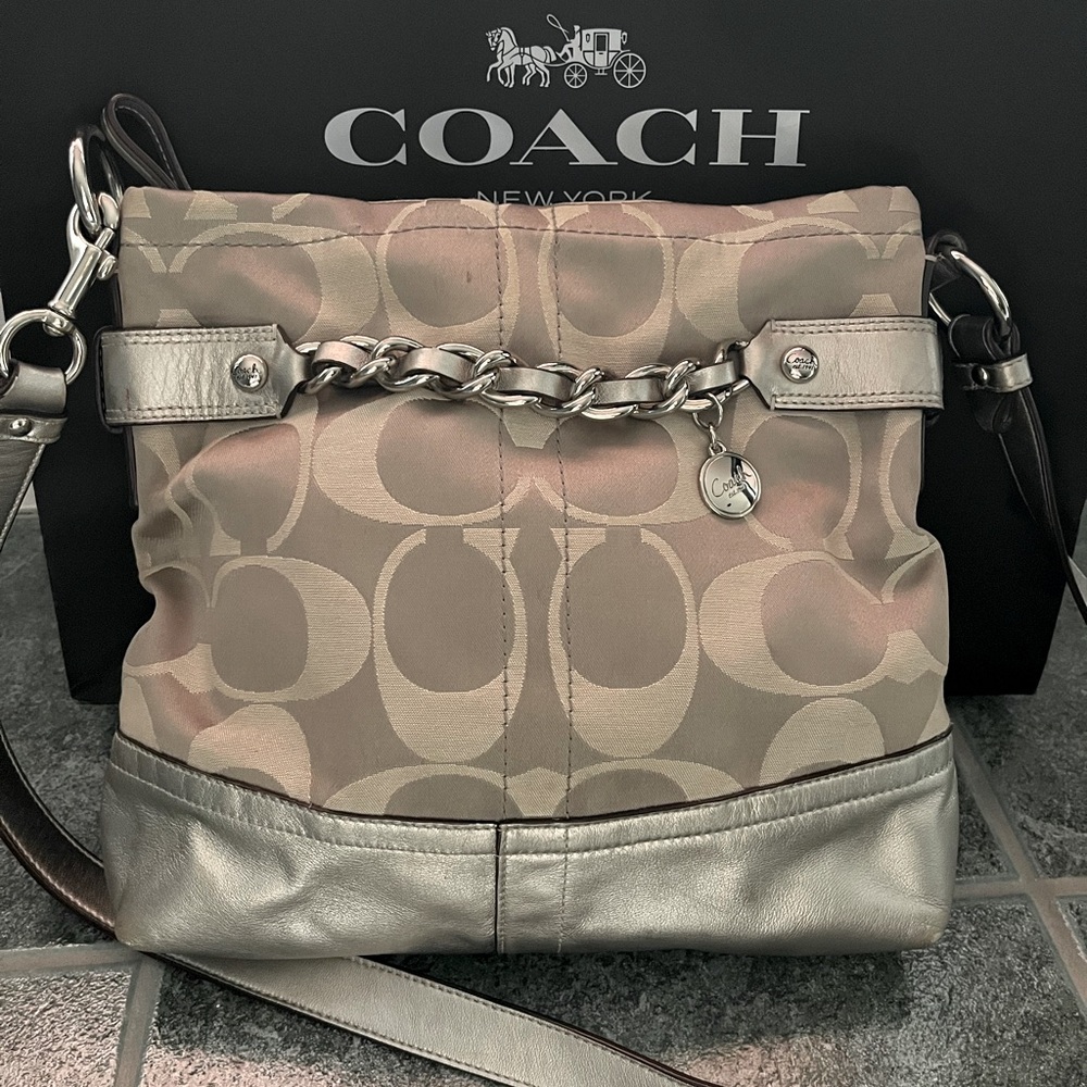 Coach Beige Logo Crossbody with Silver Leather Trim